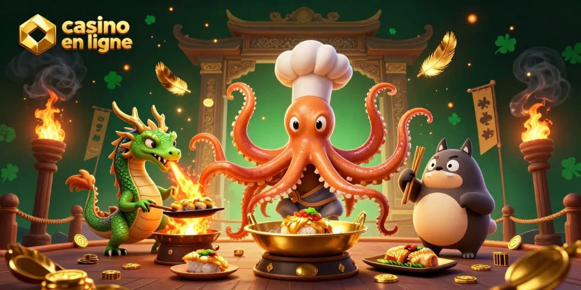 Casino en ligne : Plongez dans l'univers animé d'un chef sushi pieuvre préparant des plats d'or.