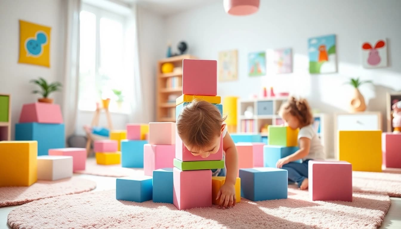 Engage in creative play with soft foam building blocks; read more here for tips and ideas.