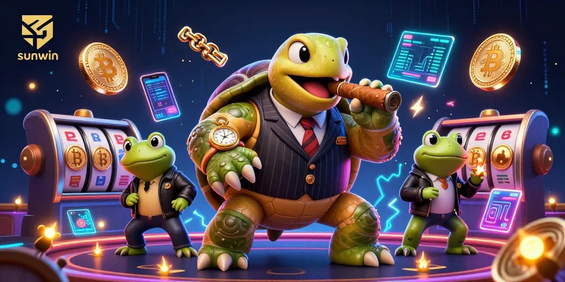 Engage in exciting gameplay with sunwin, featuring a massive turtle casino boss surrounded by iconic gaming elements.