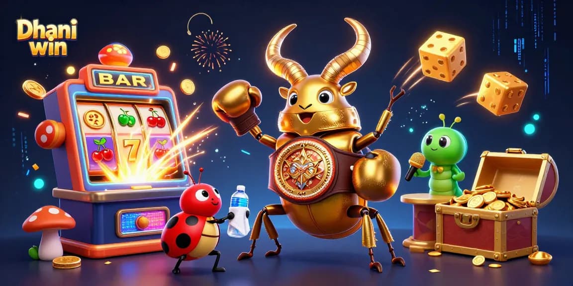 Win big with Dhani win gaming excitement featuring playful characters and vibrant casino elements.