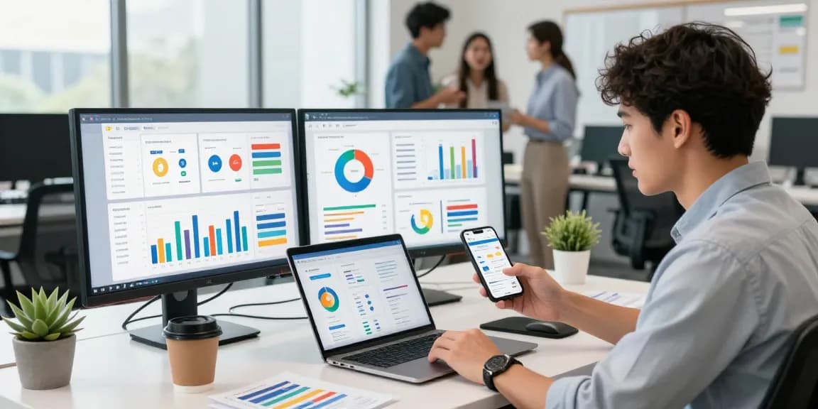 Purchase app installs in vibrant office environment with marketing professional analyzing performance metrics.
