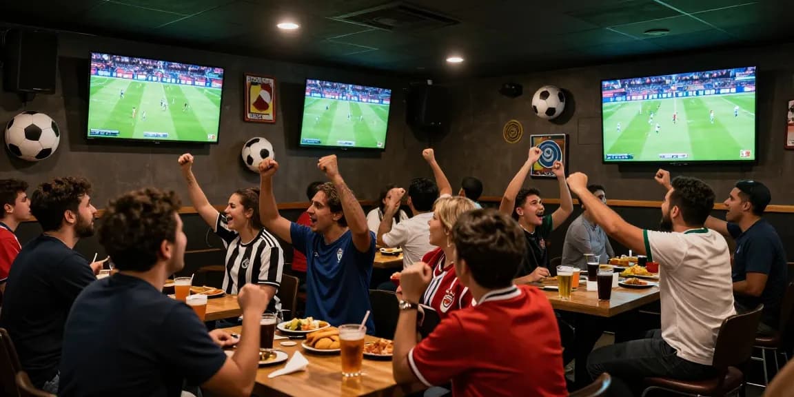 Fans enjoying koora live matches in a vibrant sports bar atmosphere with screens displaying live games.