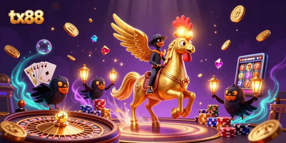 Experience winning at tx88 with a golden rooster in a lively midnight casino.