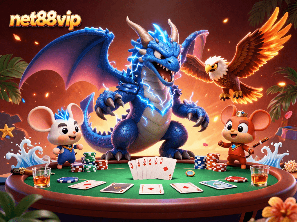 Engage in thrilling poker action with net88vip featuring dynamic characters and vibrant casino elements.