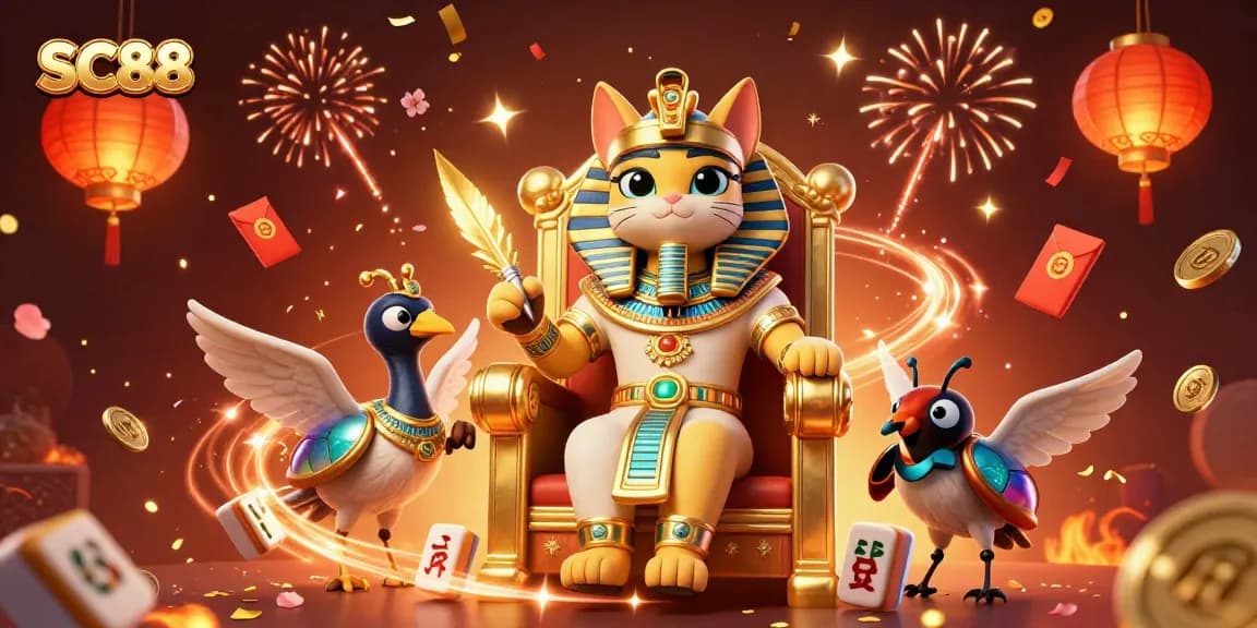 Experience SC88's gaming thrill with a pharaoh cat surrounded by vibrant gaming elements.