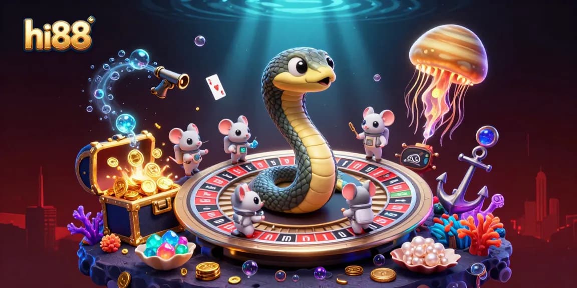 Engage with hi88's exciting gambling scene featuring playful astronaut mice betting on cosmic roulette.