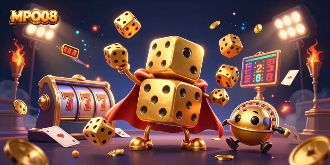 MPO08 showcases thrilling slot gaming action with golden dice, reels, and jackpot elements.