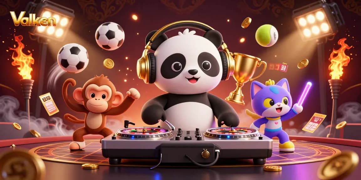 Valken showcases a DJ panda spinning roulette turntables as a breakdancing monkey and rave kitten celebrate in this dynamic casino scene.