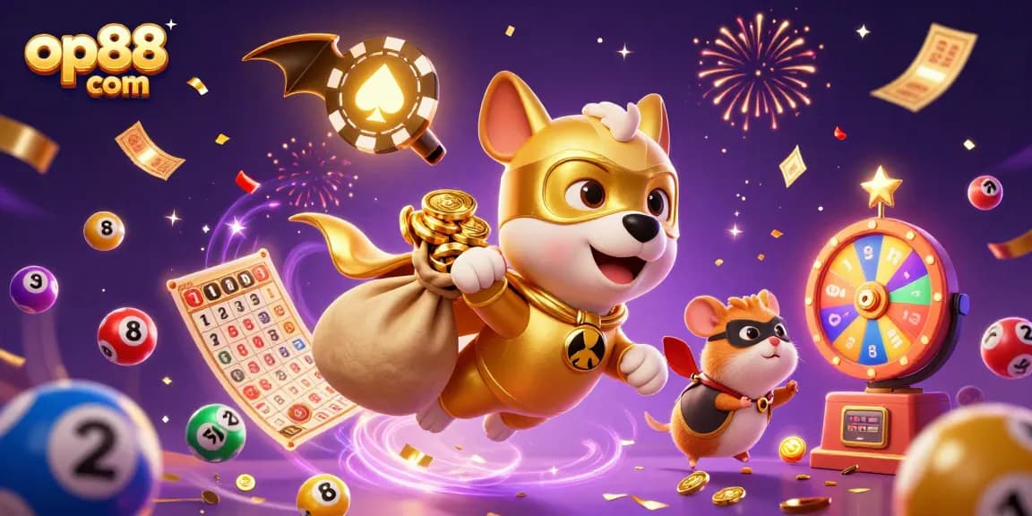 Experience the excitement with op88 com in this vibrant illustration of a superhero dog winning big at the casino.
