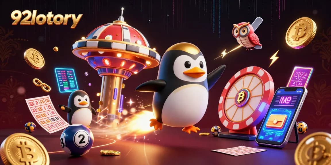 92lottery showcases a golden penguin blasting through space with lottery elements, promoting fun gambling.