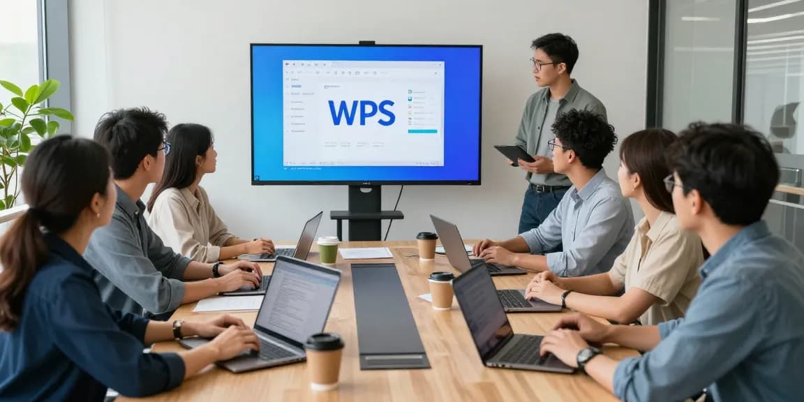 团队在会议室讨论WPS Office的优势，屏幕上显示多款文档处理功能，营造高效办公氛围。