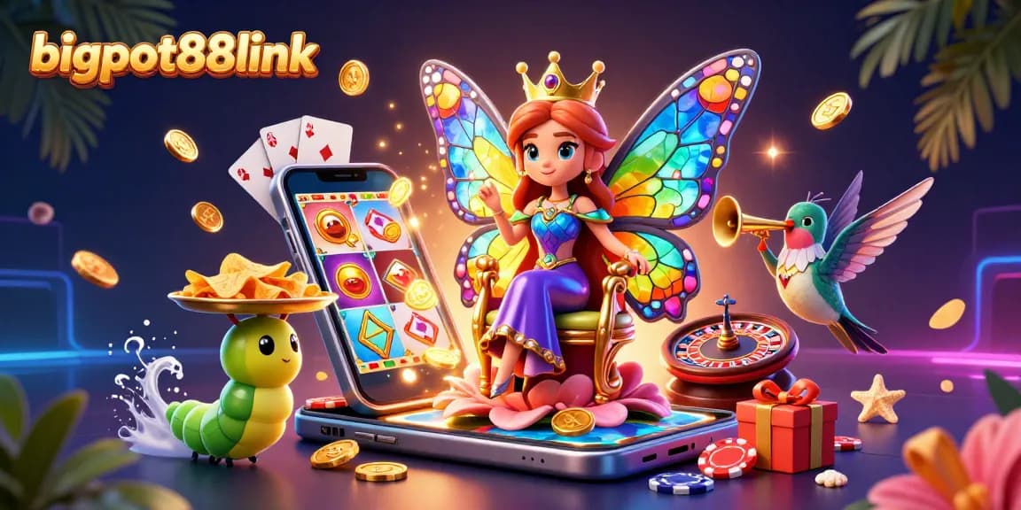 Access bigpot88link with a vibrant casino scene featuring a cheerful butterfly queen and gaming elements.