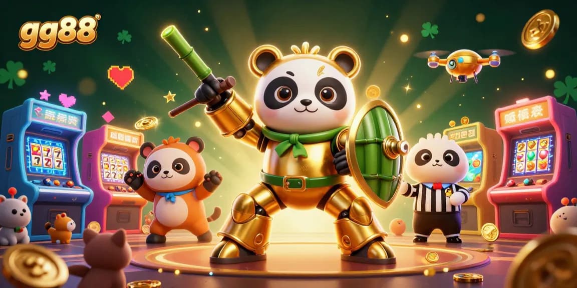 Experience the vibrant action of gg88 with a golden panda piloting a robot in a lively casino setting, filled with excitement.