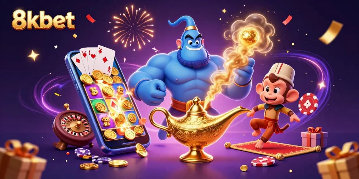 Experience the thrill of 8kbet with a vibrant casino scene featuring a genie, monkey, and poker chips.