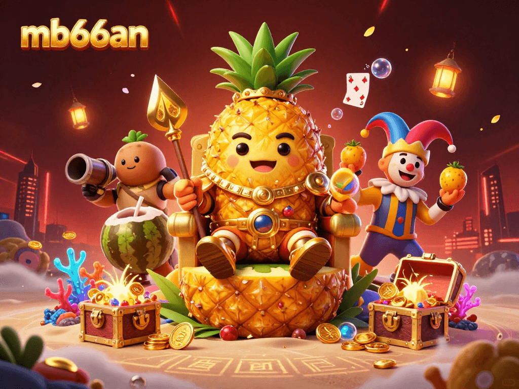 Experience the excitement of mb66an as a pineapple king reigns over a treasure-filled casino scene with golden coins.