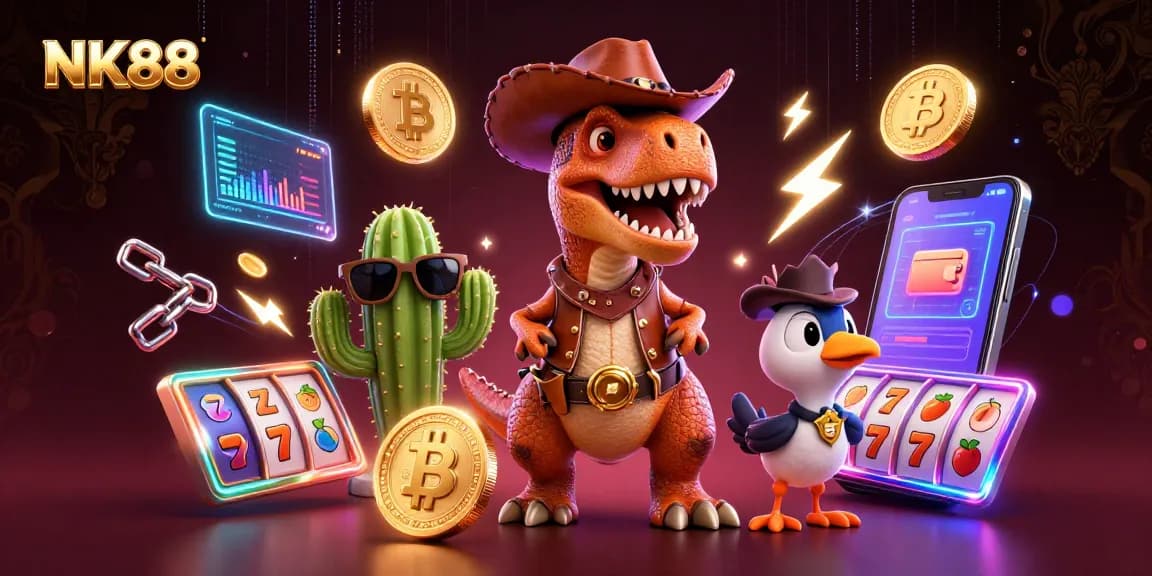 Engage with NK88's vibrant dynamics featuring a T-Rex, cactus, and roadrunner in a lively casino scene.