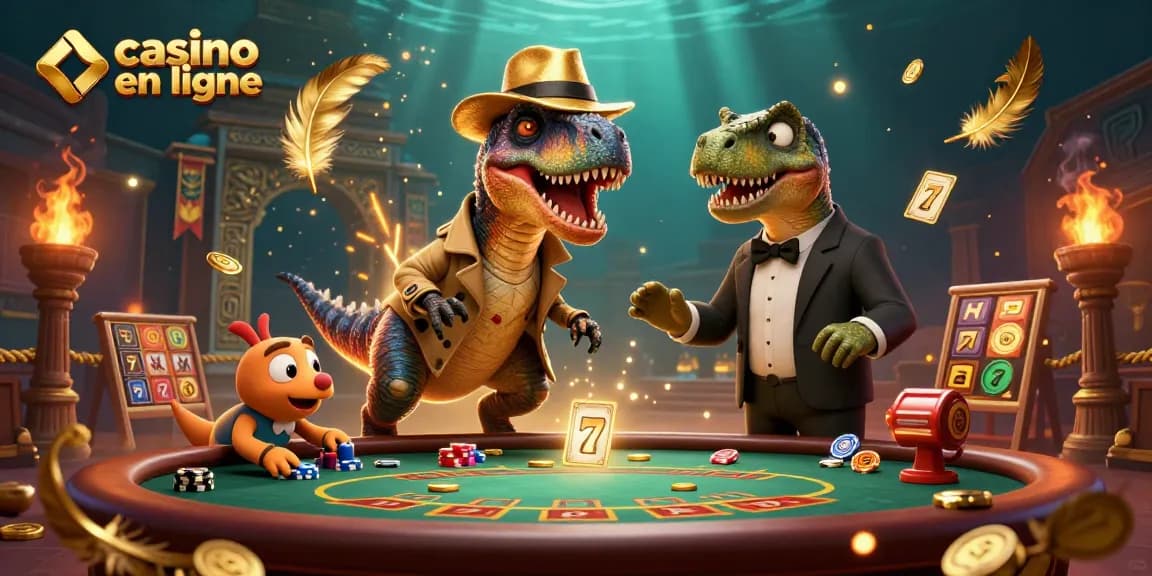 Une illustration captivante de casino en ligne avec un velociraptor et un stegosaurus aux jeux de cartes.