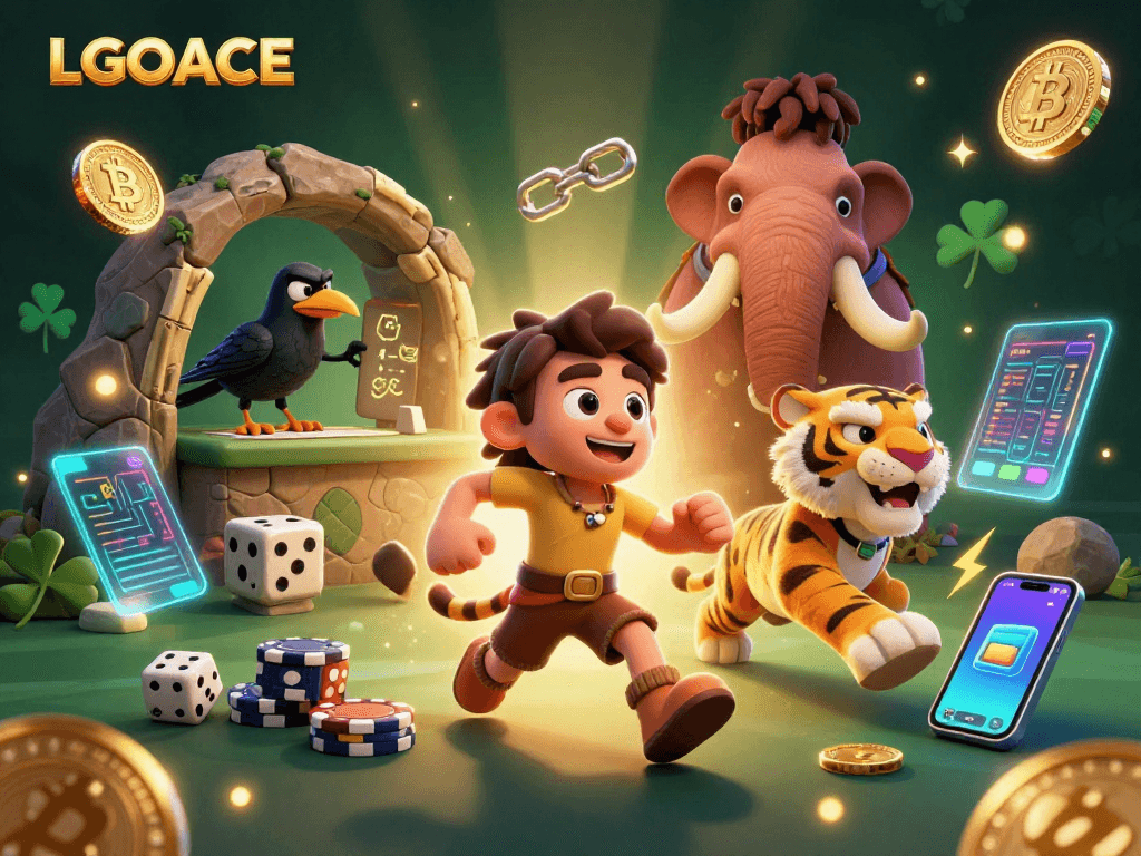 LGOACE delights players with a vibrant prehistoric casino scene featuring a caveman and sabertooth running games.
