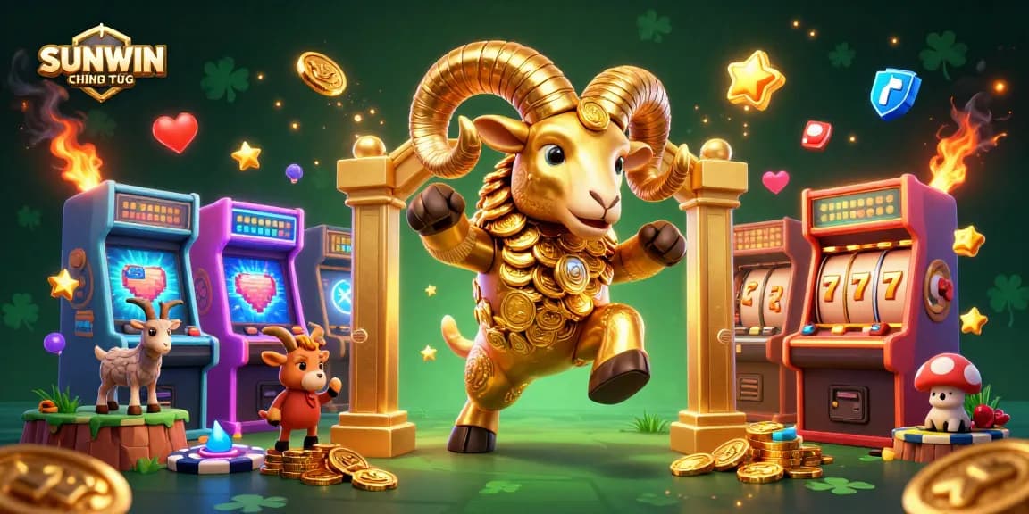 SUNWIN CHÍNH THỨC shows a golden ram charging through a vibrant casino scene filled with colorful game elements
