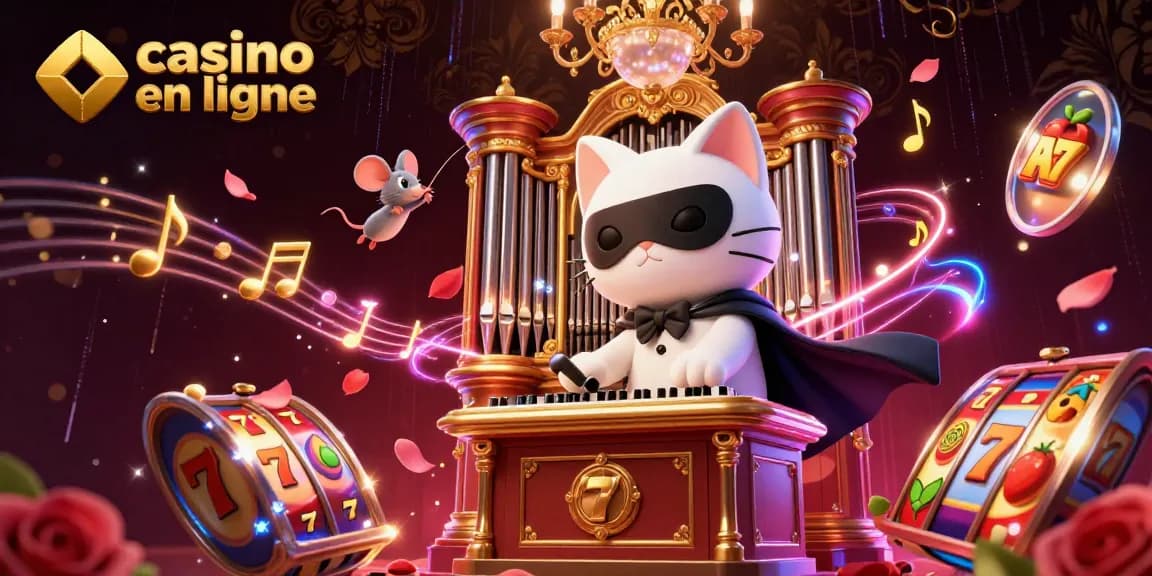 Illustration dynamique de casino en ligne avec un chat fantomatique et des éléments de jeux, offrant une expérience immersive.