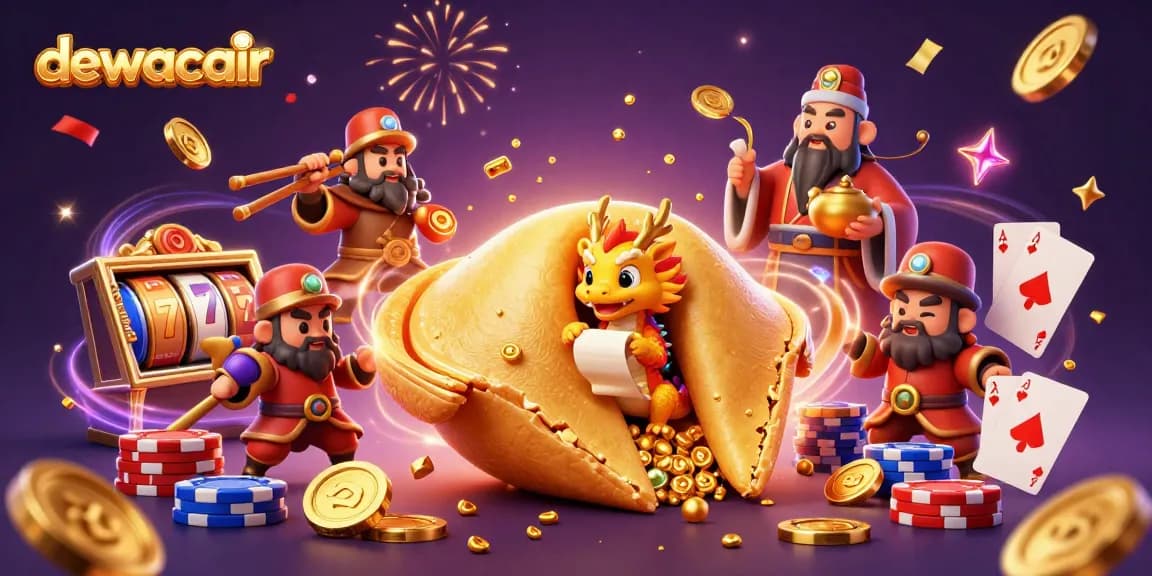 Experience winning with dewacair at this vibrant casino scene filled with lucky symbols and characters.
