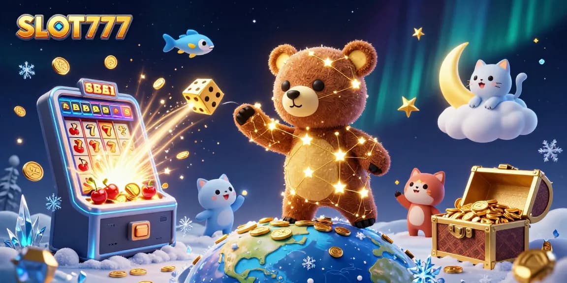 Experience exciting SLOT777 action with a vibrant 3D illustration showcasing casino games and jackpots.