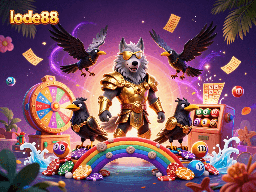 Experience lode88's thrilling world with Odin and his ravens amid vibrant casino scenes