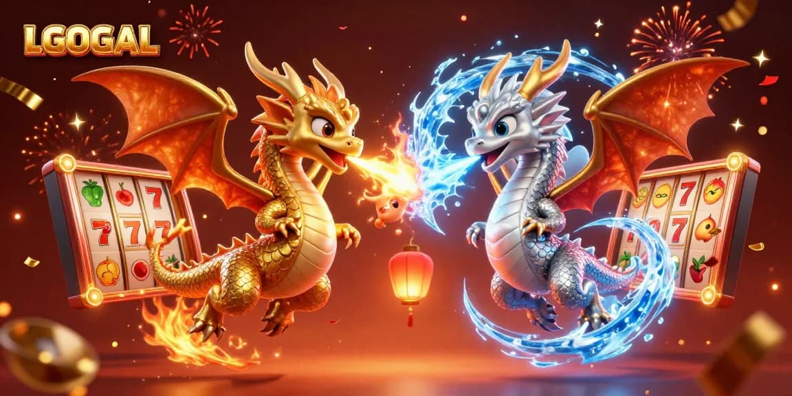 Experience winning excitement with LGOGOAL's vibrant 3D casino illustration showcasing dragons and slot elements.