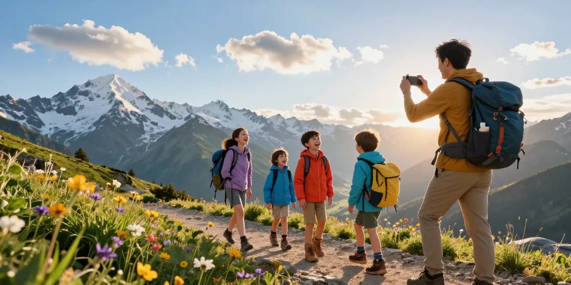 A family hiking adventure in the mountains, celebrating outdoor fun with mantra88.