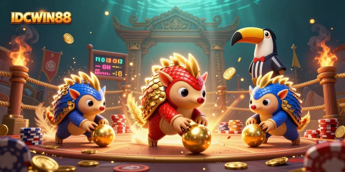 Check out the IDCWIN88 pangolins competing in a vibrant casino scene, rolling golden balls!
