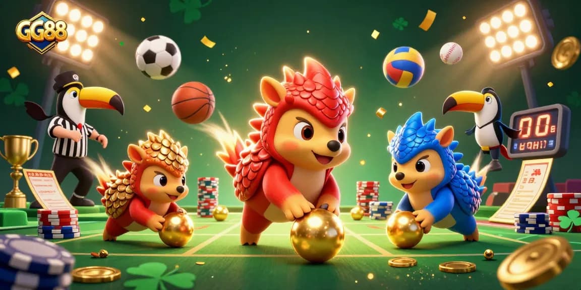 GG88 pangolins compete in a vibrant casino scene filled with lucky symbols.