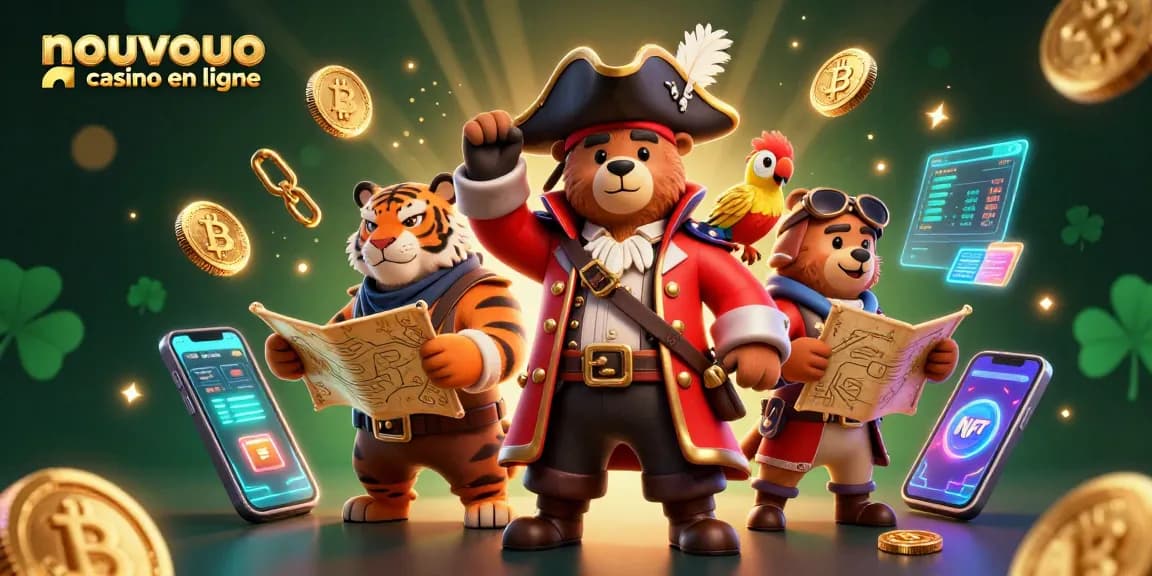 Illustration accueillante d'un nouveau casino en ligne avec un ours pirate, un tigre et des éléments de cryptomonnaie, animant le jeu.