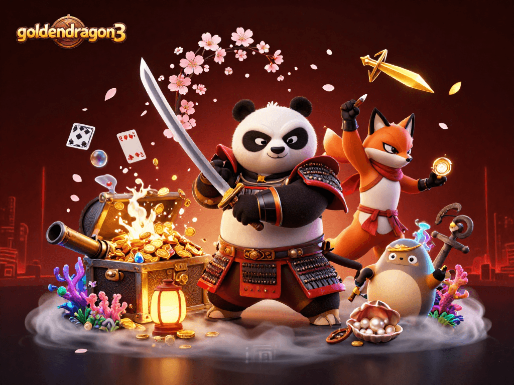 Experience the thrill of goldendragon3 with a dynamic 3D illustration showcasing samurai, ninja, and magical elements.