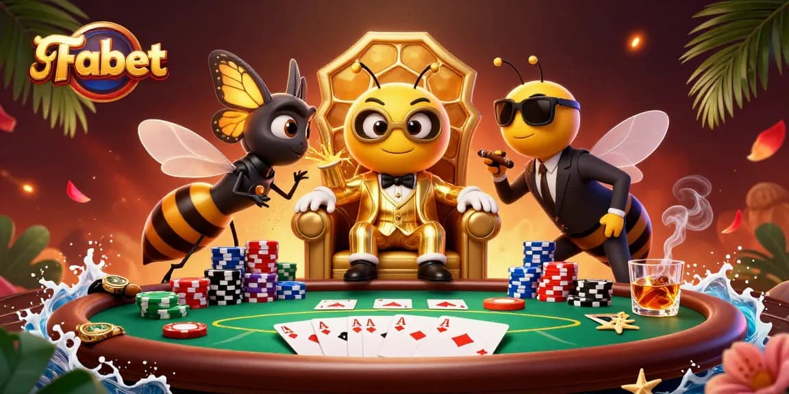 Experience Fabet’s vibrant poker scene with a mob boss and bodyguards in an ultra-detailed 3D illustration.