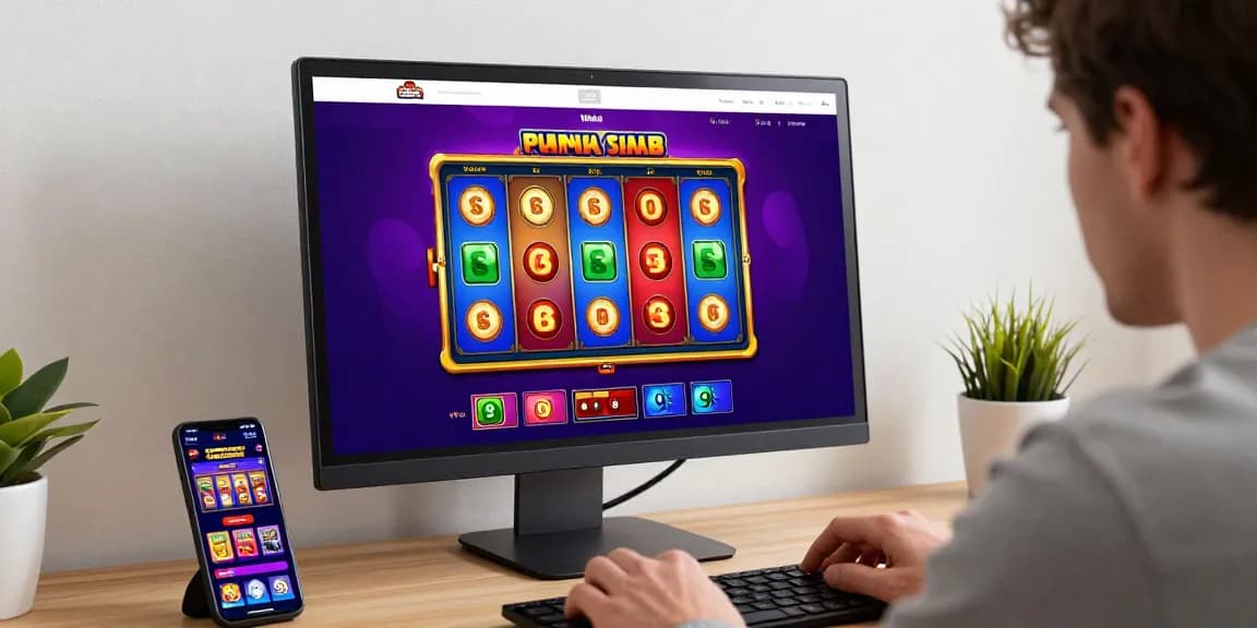 Player enjoying situs raja gaming experience on computer with colorful slot game interface.