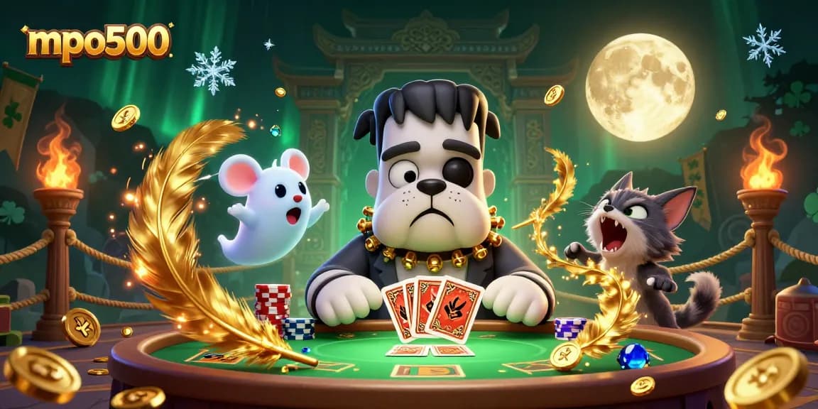 Experience thrilling gameplay with mpo500's unique characters like a Frankenstein dog dealer and a ghost mouse amidst stunning casino visuals.