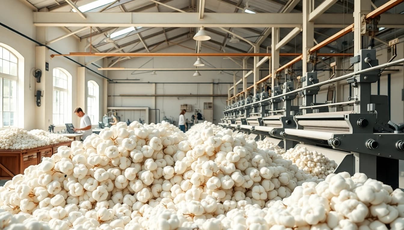 Katoen productie in een heldere werkplaats met textielmachines en ruwe katoen.