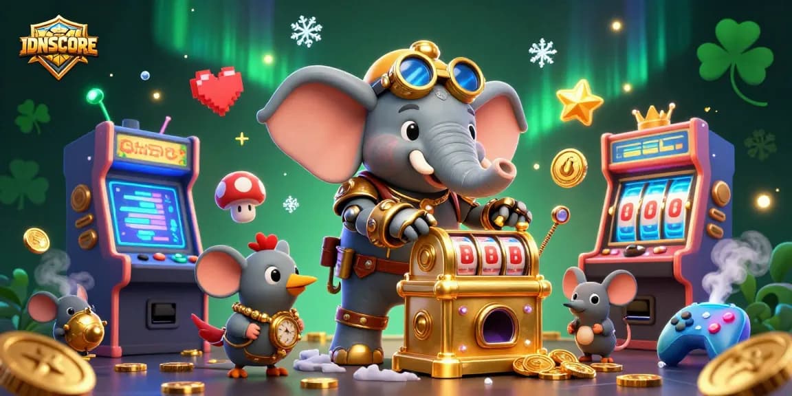IDNSCORE brings vibrant gaming energy to life, showcasing a steampunk elephant and slot machine magic.