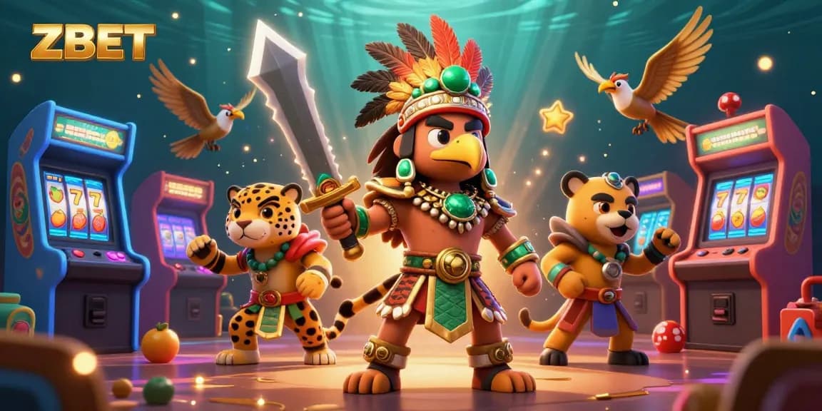 ZBET-themed dynamic 3D illustration showcasing Aztec warriors amidst vibrant casino elements, celebrating rich gaming culture.