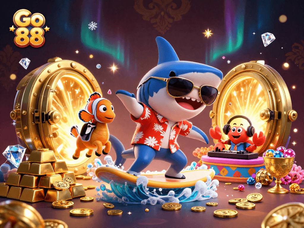 Go 88 interactive casino scene with vibrant characters surfing on gold coins