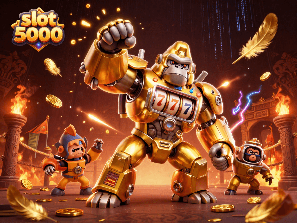 Engage with the excitement of slot deposit 5000, featuring a dynamic golden gorilla mech amid vibrant casino elements.