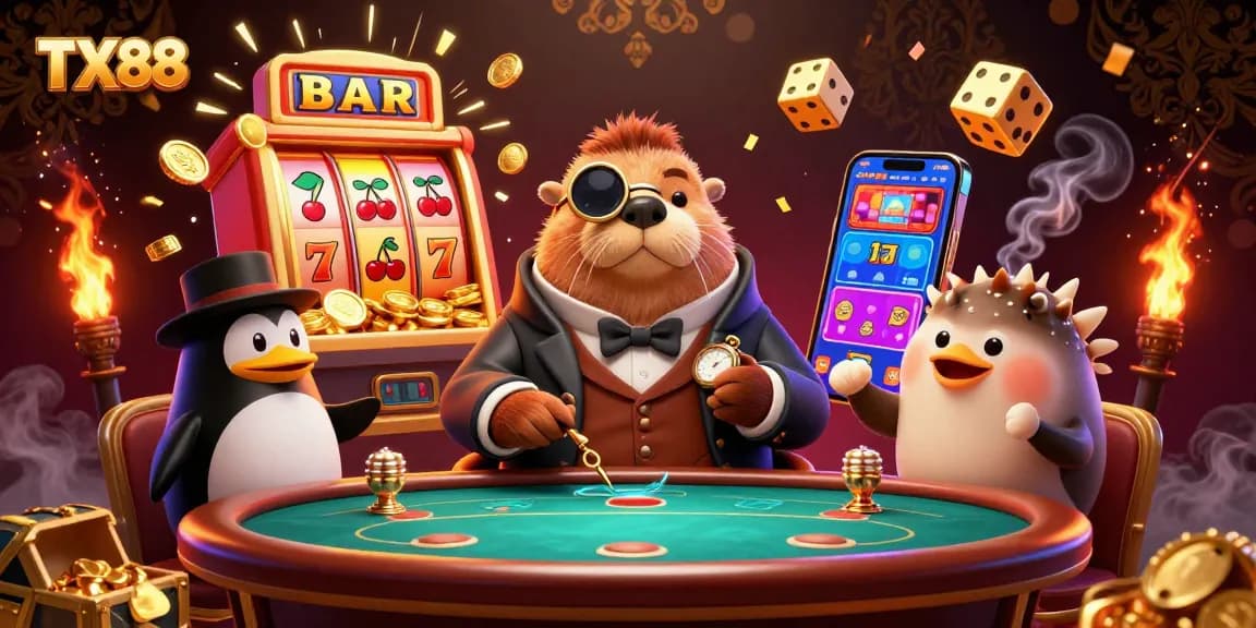 TX88 showcases a jolly walrus playing poker, surrounded by exciting casino elements and vibrant colors.