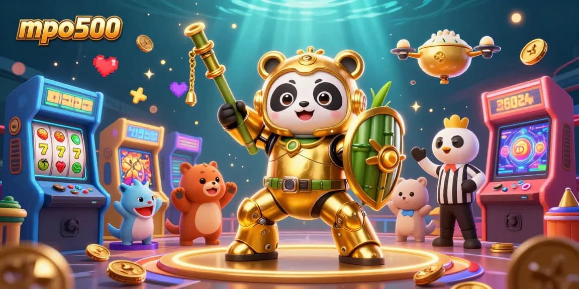 Engage in exciting games at mpo500, featuring a vibrant scene with animated characters and classic casino elements.