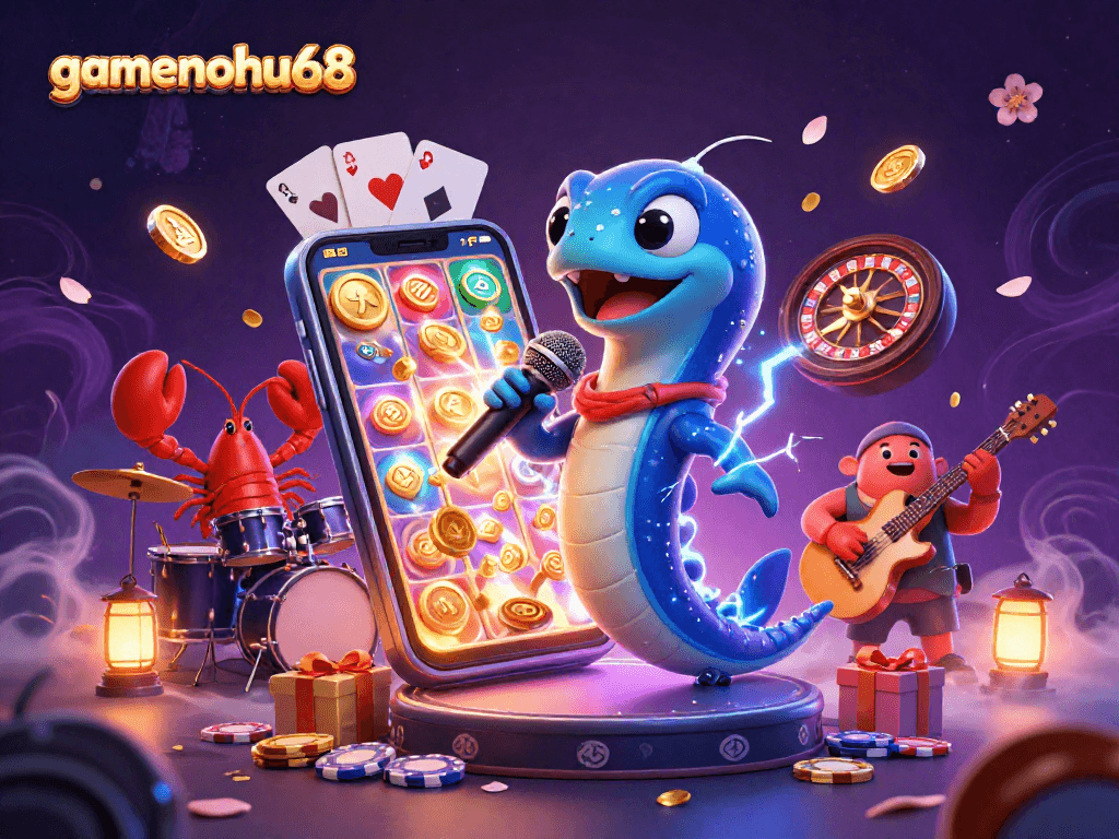 Experience immersive gaming with gamenohu68 in a vibrant underwater casino scene featuring a DJ eel and friends.