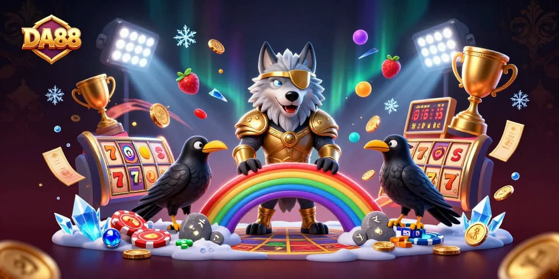 DA88 showcases dynamic slot elements in a vibrant 3D casino scene with Odin and ravens.