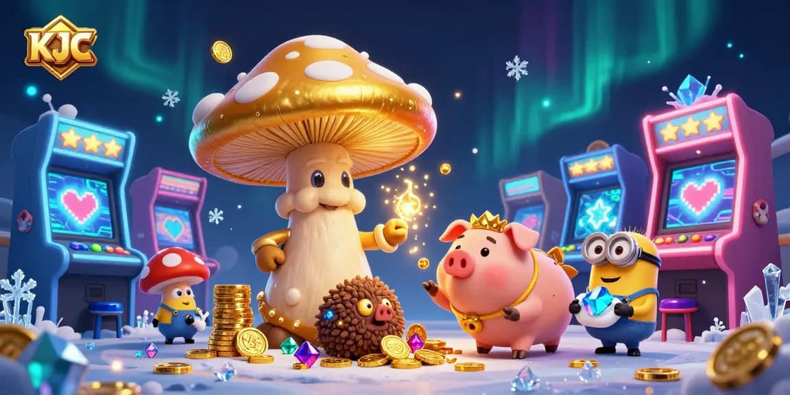 KJC characters transform casino treasures into gold amidst a lively gaming atmosphere.