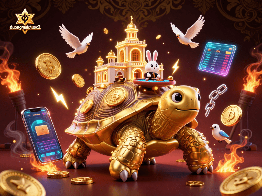 Win big with duongmatchuoc2 in this vibrant casino scene featuring a golden tortoise and flying coins.