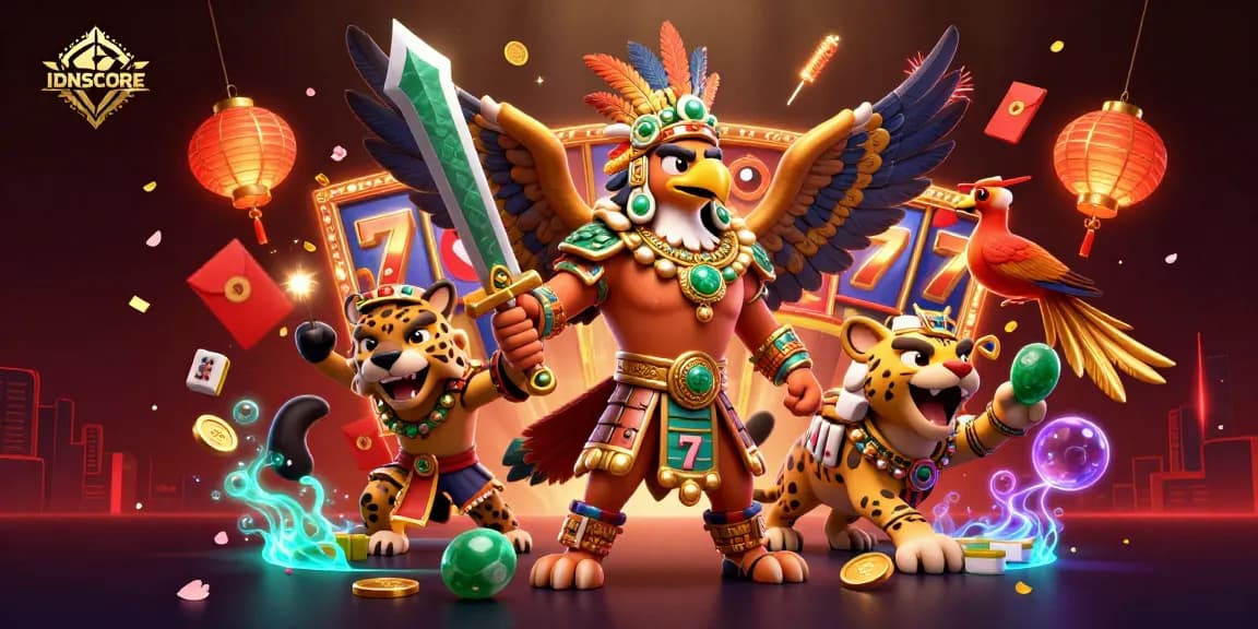 Experience thrilling gameplay at IDNSCORE with dynamic slot reels and vibrant gaming elements in a captivating 3D scene.