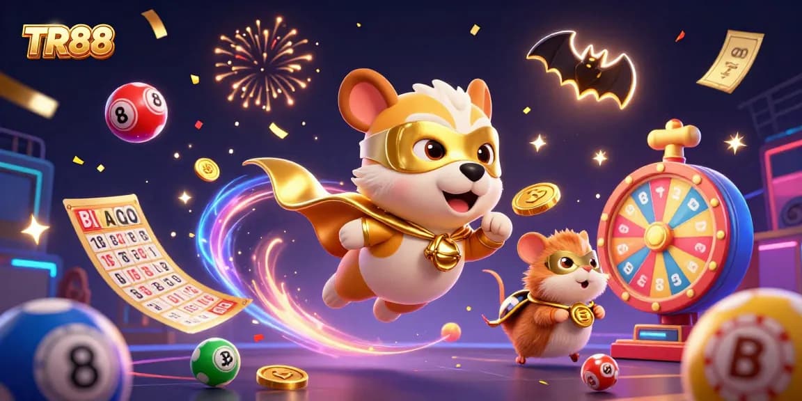 TR88 engages players with a vibrant 3D casino scene featuring a superhero dog flying among dynamic game elements and confetti.