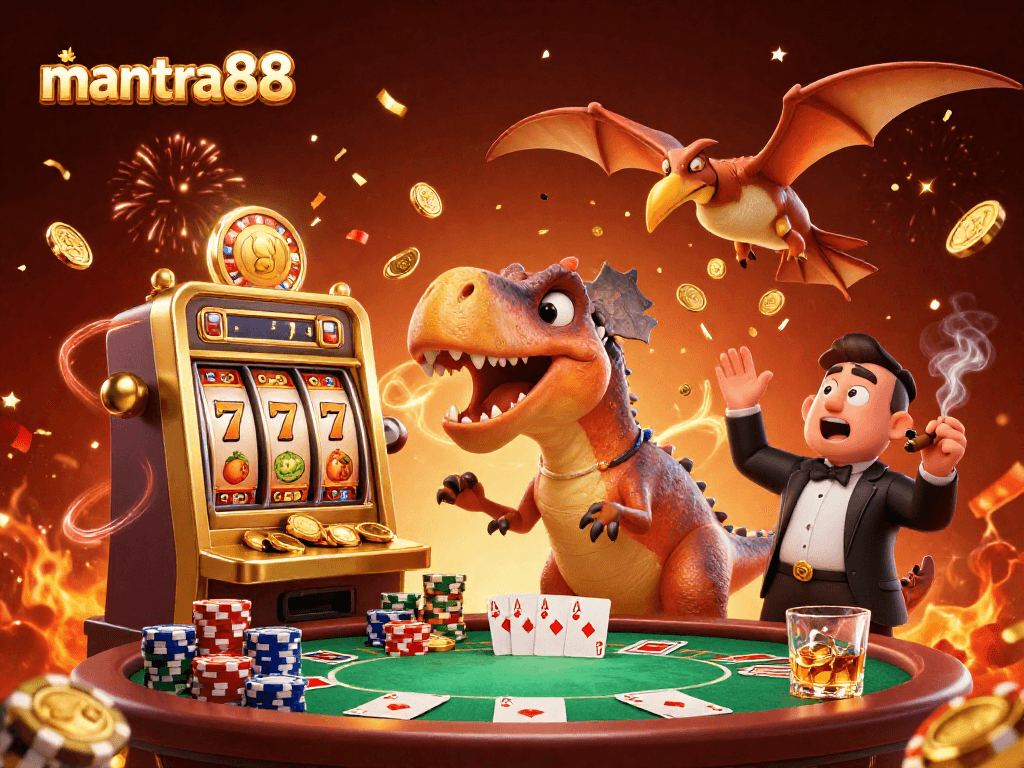 mantra88 showcases a pachycephalosaurus hitting a slot machine jackpot with a fiery casino scene